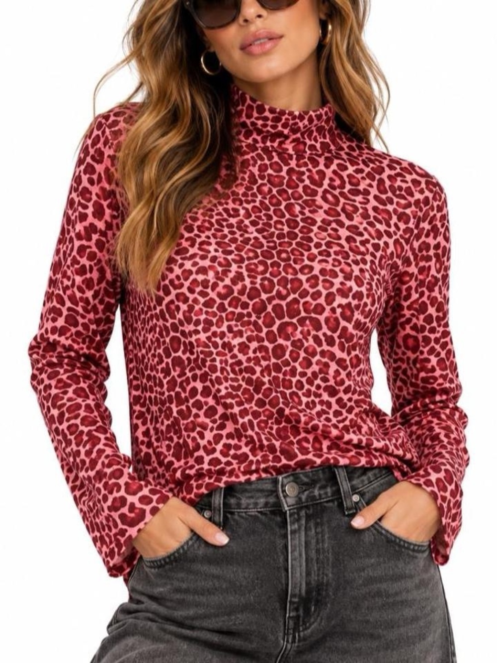 UOOZEE Women's Slim Fit Mock Neck Pink Leopard Print Long Sleeve Top